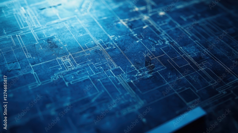 Aufkleber detailed blue circuit blueprint with technical diagrams and patterns on textured surface