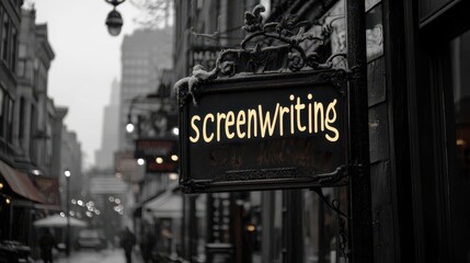 Urban scene with street signage highlighting the art of screenwriting, set in an atmospheric cityscape bustling with architectural and cultural nuances, captured in monochrome