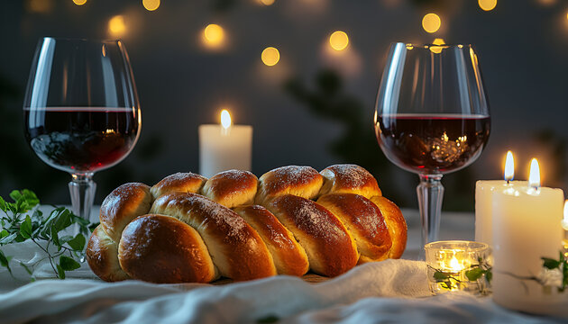 Shabbat or Shabath concept. Challah bread, shabbat wine and candles on table, copy space. Traditional Jewish Shabbat ritual