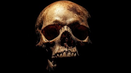 Ancient human skull in dramatic lighting against a dark background