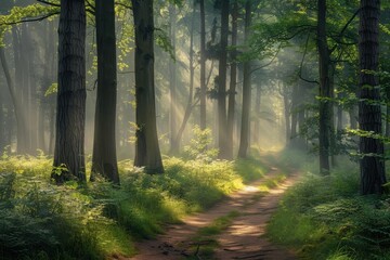 Obraz premium Bright and serene forest path inviting exploration with lush greenery and vibrant flowers during daytime in a peaceful natural setting