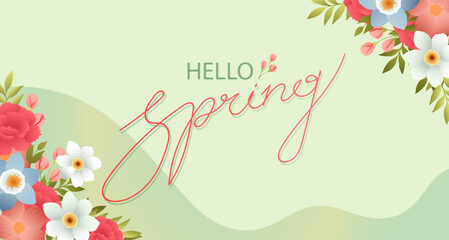 Hello Spring background. Spring season sale banner with blooming flowers and lettering on green background. Vector illustration design for poster, banner, flyer, card, social media post, promotion.