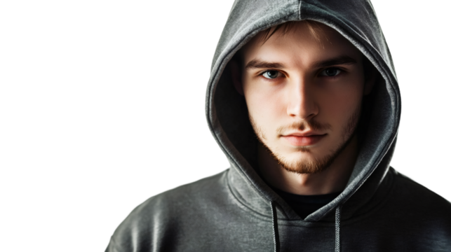 Serious young man in hoodie standing confidently, urban streetwear style against transparent background, contemporary portrait