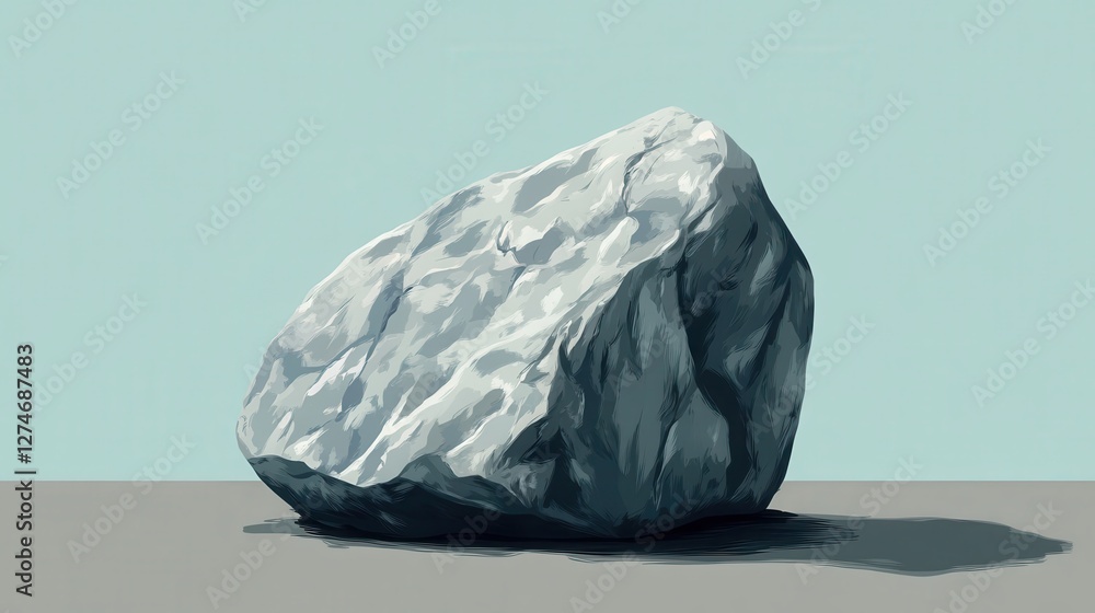 Poster large gray boulder on simple background with shadow and textured surface