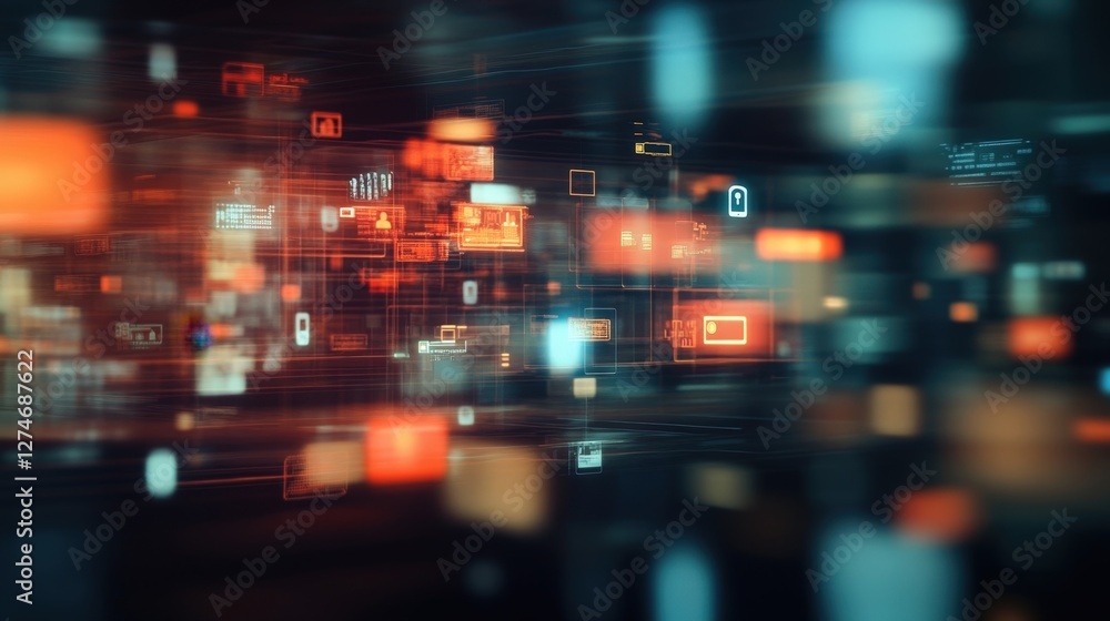 Poster futuristic cyber security system is encrypting and protecting sensitive data from unauthorized acces