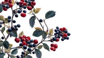 Botanical artwork showing red and blue berry clusters on leafy branches, green and yellow foliage, isolated backdrop