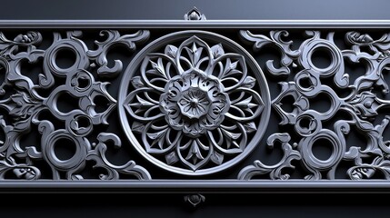 Intricate silver ornate panel, floral design, dark background, architectural detail, home decor