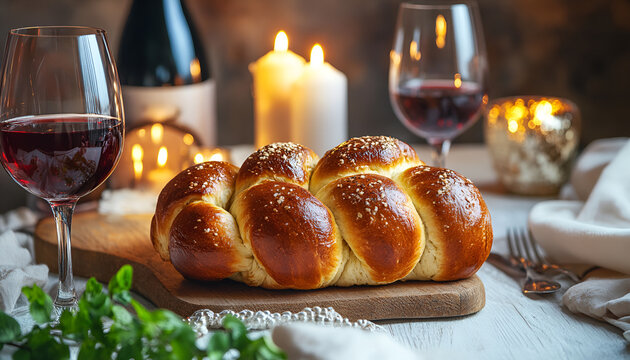 Shabbat or Shabath concept. Challah bread, shabbat wine and candles on table, copy space. Traditional Jewish Shabbat ritual