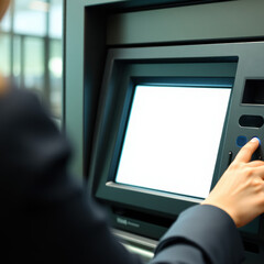 young woman with atm, close up, atm display mockup, banking concept