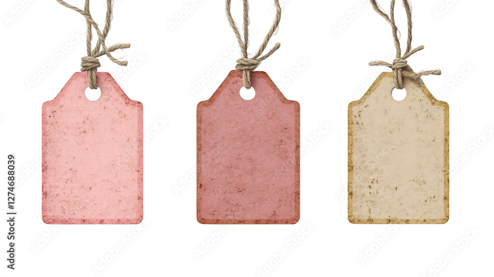 Aufkleber Three blank tags hanging from knotted string on a transparent background, ready for customization and design projects