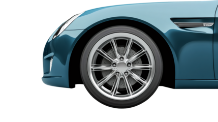 Generic blue sports car showcasing a detailed close-up of its front wheel, alloy rim, and brake system, set against a transparent background