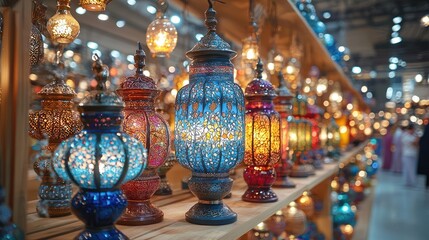 Fototapeta premium Colorful glass lamps on display at a trade show; shoppers in background. Home decor