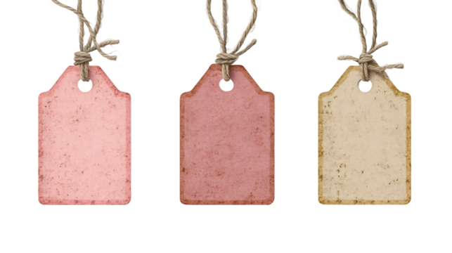 Three blank tags hanging from knotted string on a transparent background, ready for customization and design projects