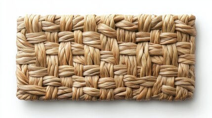 Woven straw placemat on white background: handcrafted, natural texture, eco-friendly decor