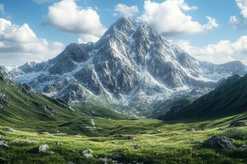 Fototapeta premium Majestic mountain landscape with lush green meadows and vibrant wildflowers at midday