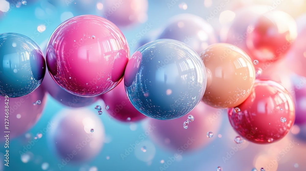 Poster colorful 3d molecular structure with spheres and reflections in soft focus background
