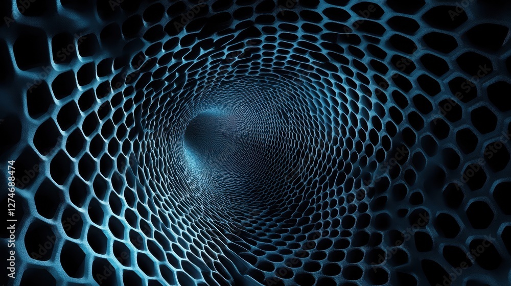 Poster futuristic blue honeycomb tunnel with abstract light patterns and geometric depth