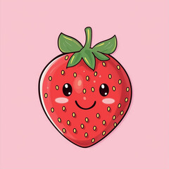 Obraz premium Cute kawaii red strawberry on pink background. Hand drawn vector illustration