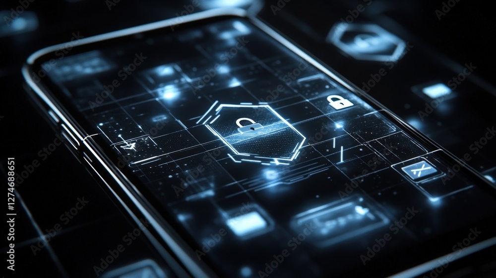 Poster futuristic smartphone is displaying a hologram representing data protection and highlighting the con