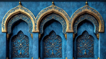 Fototapeta premium Blue wall with ornate golden arches, Islamic architecture, intricate details, design background, interior design