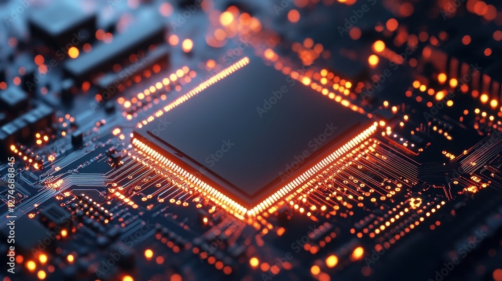 Poster glowing microchip on circuit board with orange neon lights in a futuristic tech environment