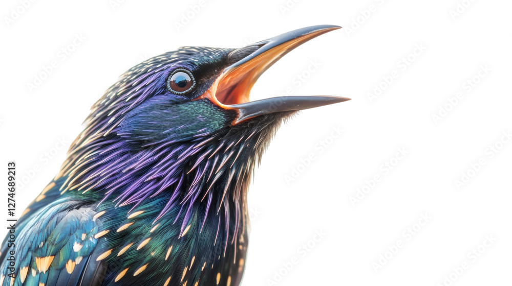 Poster colorful european starling perching, vocalizing with open beak, transparent background highlighting 