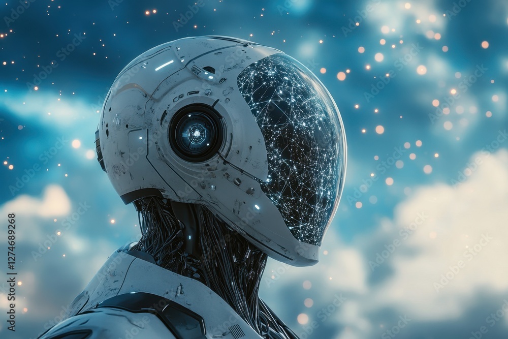 Poster futuristic robot with glowing network features under a starry sky at twilight