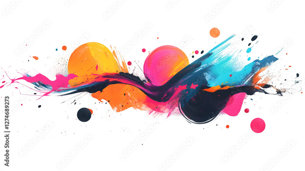 Poster energetic paint strokes swirling in orange, pink, and blue creating dynamic abstract wave pattern on
