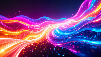 Glowing neon waves flowing through deep cosmic background with floating sparkles and futuristic energy trails