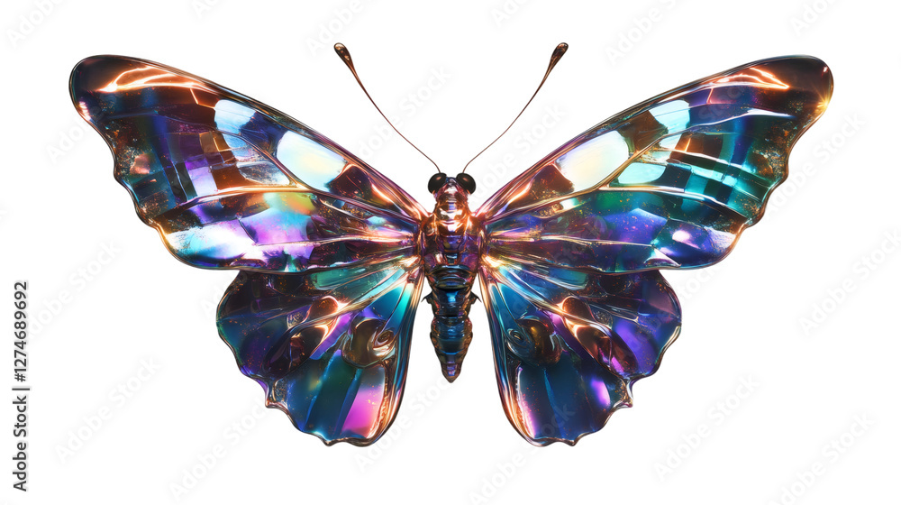 Poster Iridescent butterfly wings shimmering, delicate translucent patterns displaying vibrant colors against transparent backdrop, ideal for graphic design