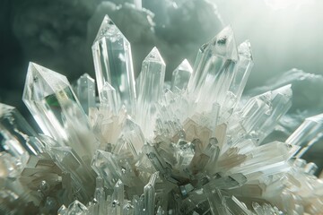 Stunning display of giant crystal formations emerging from a cloudy sky during a dramatic sunset near a mountain range