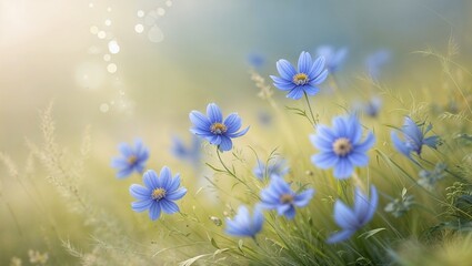 Fototapeta premium A mesmerizing collection of blue flowers illuminated by soft light.