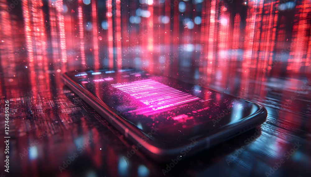 Poster futuristic phone with glowing data display on wooden surface