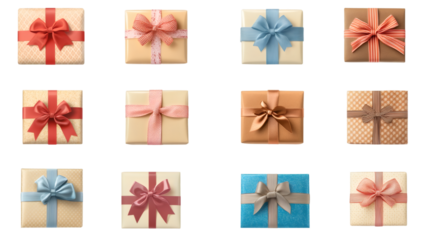 Twelve colorful gift boxes with ribbon bow isolated on transparent background, ideal for celebrations and anniversaries