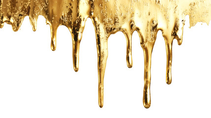 Melted gold paint dripping down on a transparent background, creating a luxurious and elegant design element
