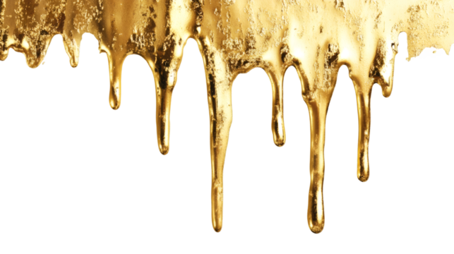 Melted gold paint dripping down on a transparent background, creating a luxurious and elegant design element - Powered by Adobe