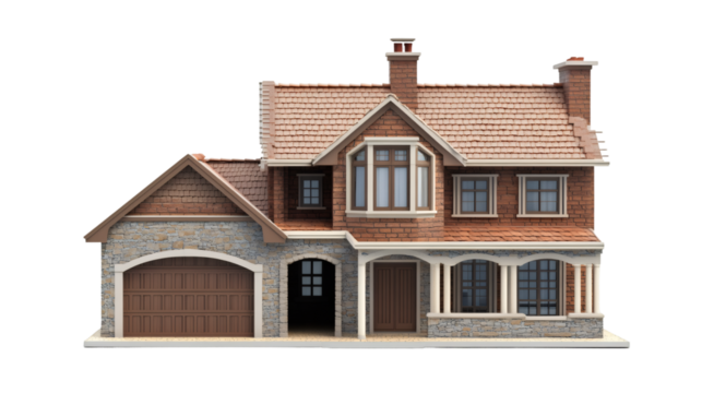 3d rendering of a beautiful classic suburban house with garage and transparent background, perfect for architectural visualizations