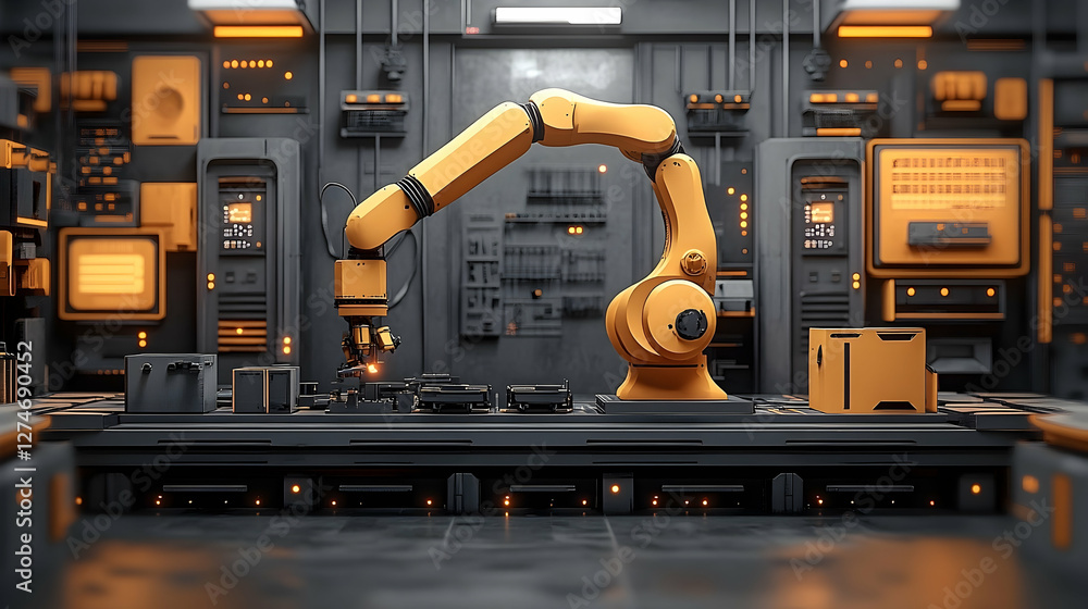 Poster futuristic robot arm working in a dark, modern machine workshop. possible use industrial design, tec