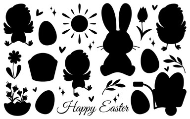 Cute Easter set. Set of black Easter silhouettes with festive elements: bunny, chicks, Easter eggs, flowers, tulips, basket, sun, leaves, and decorative ornaments. Happy Easter inscription. © Mirikiteki