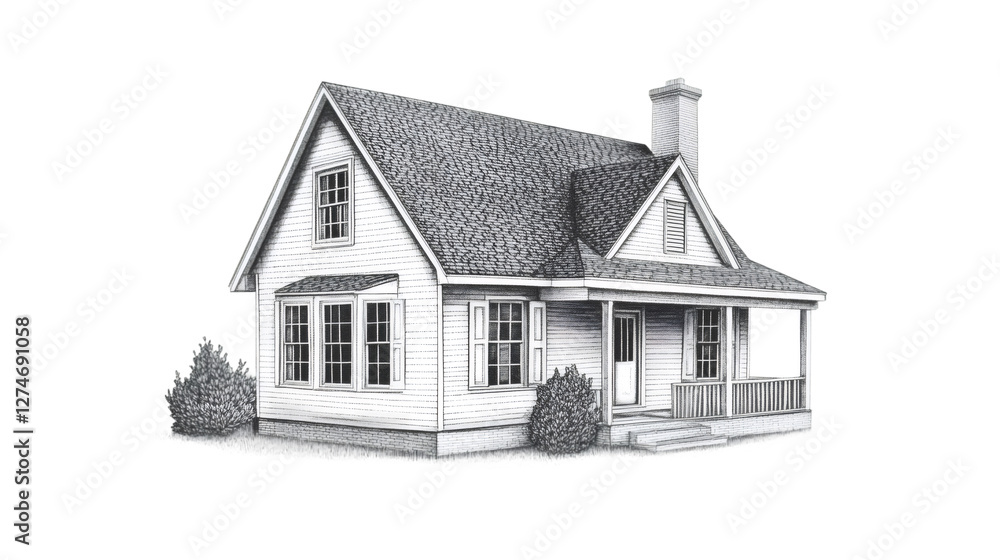 Poster architectural rendering depicting classic suburban home, transparent layer showcasing residential de