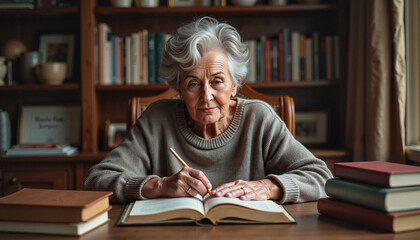 Elderly woman writing in a notebook at a wooden desk