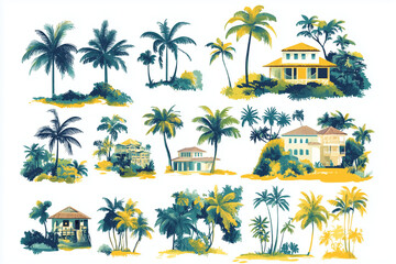 Obraz premium A Sprite Sheet of Colorful Painterly Hawaiian Buildings and Vegetation, Watercolor
