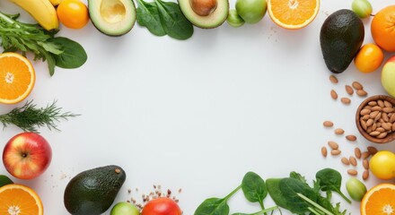 Fresh fruits and vegetables arranged in frame around white background