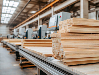 Obraz premium Lumber Processing and Stacking on Automated Conveyor System in a Woodworking Factory