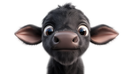 Cartoon calf with large eyes, soft fur, gazing directly, transparent backdrop, cute farm animal illustration