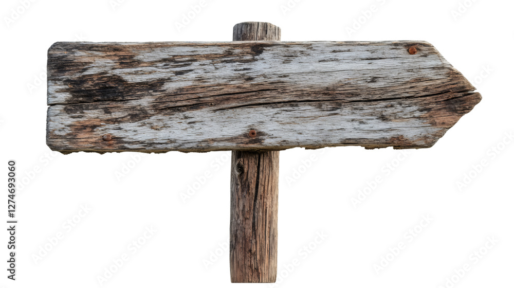 Poster Empty wooden arrow sign with rusty nails pointing to the right, isolated on transparent background, ideal for composites