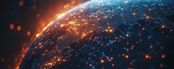 Glowing network connections on earth's surface with lights at night