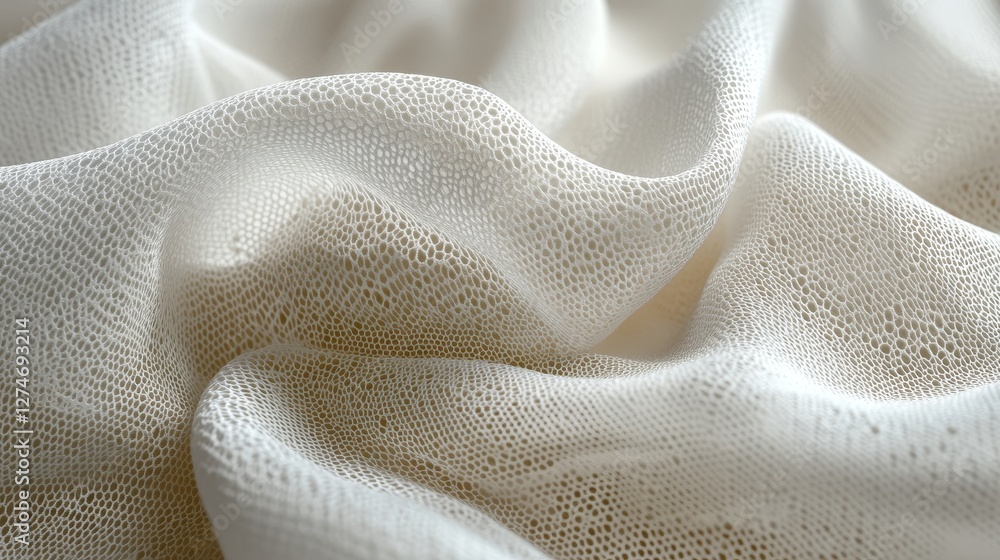 Poster flowing white fabric texture with delicate patterns and light play