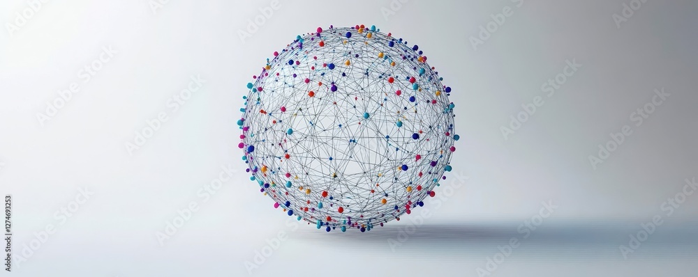 Poster intricate global network sphere with colorful nodes and connections on white background