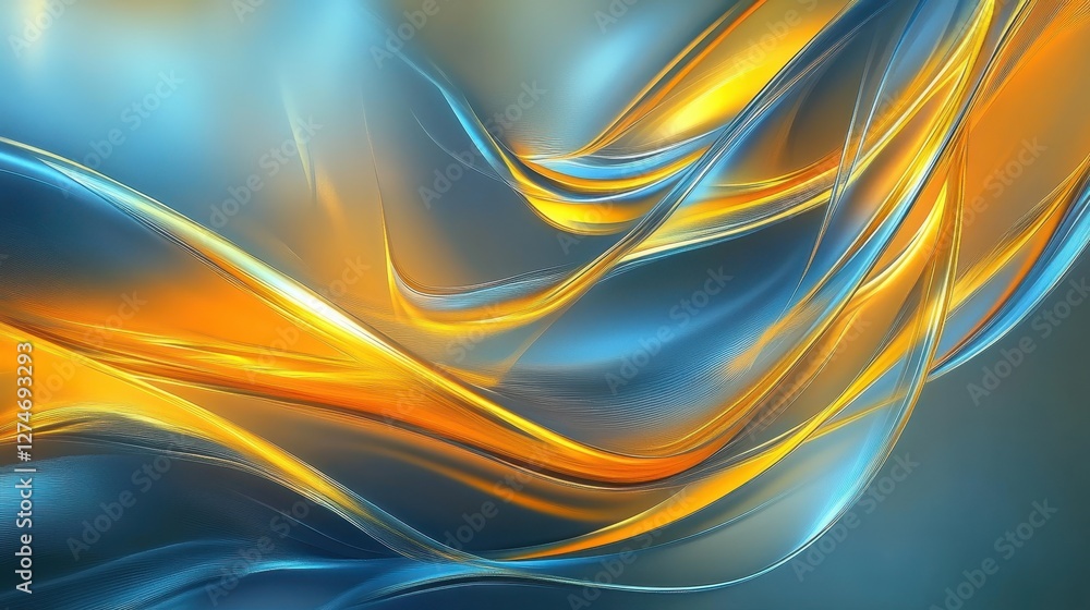 Poster abstract blue and gold wavy lines creating dynamic fluid art with smooth textures